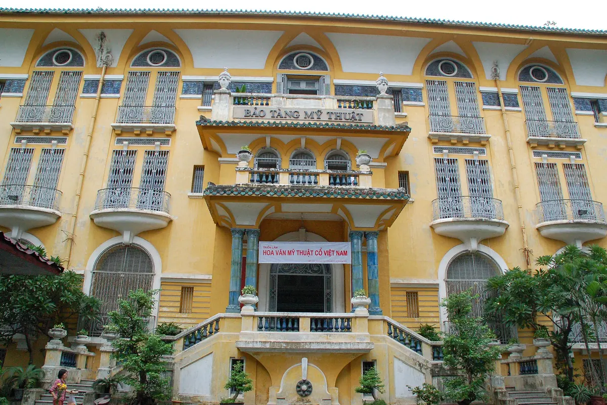 The yellow and blue front of the Fine Arts Museum's main building