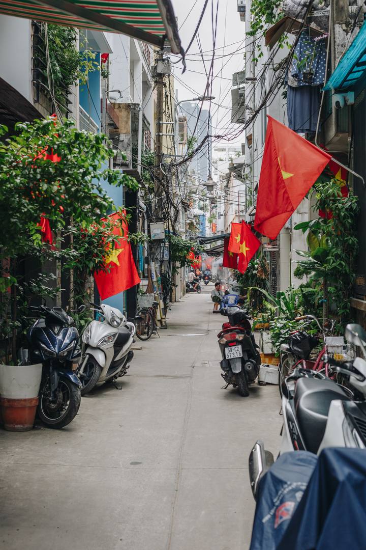 A hẻm hung with Vietnamese flags, motorbikes parked along both sides and plants spilling out of the houses