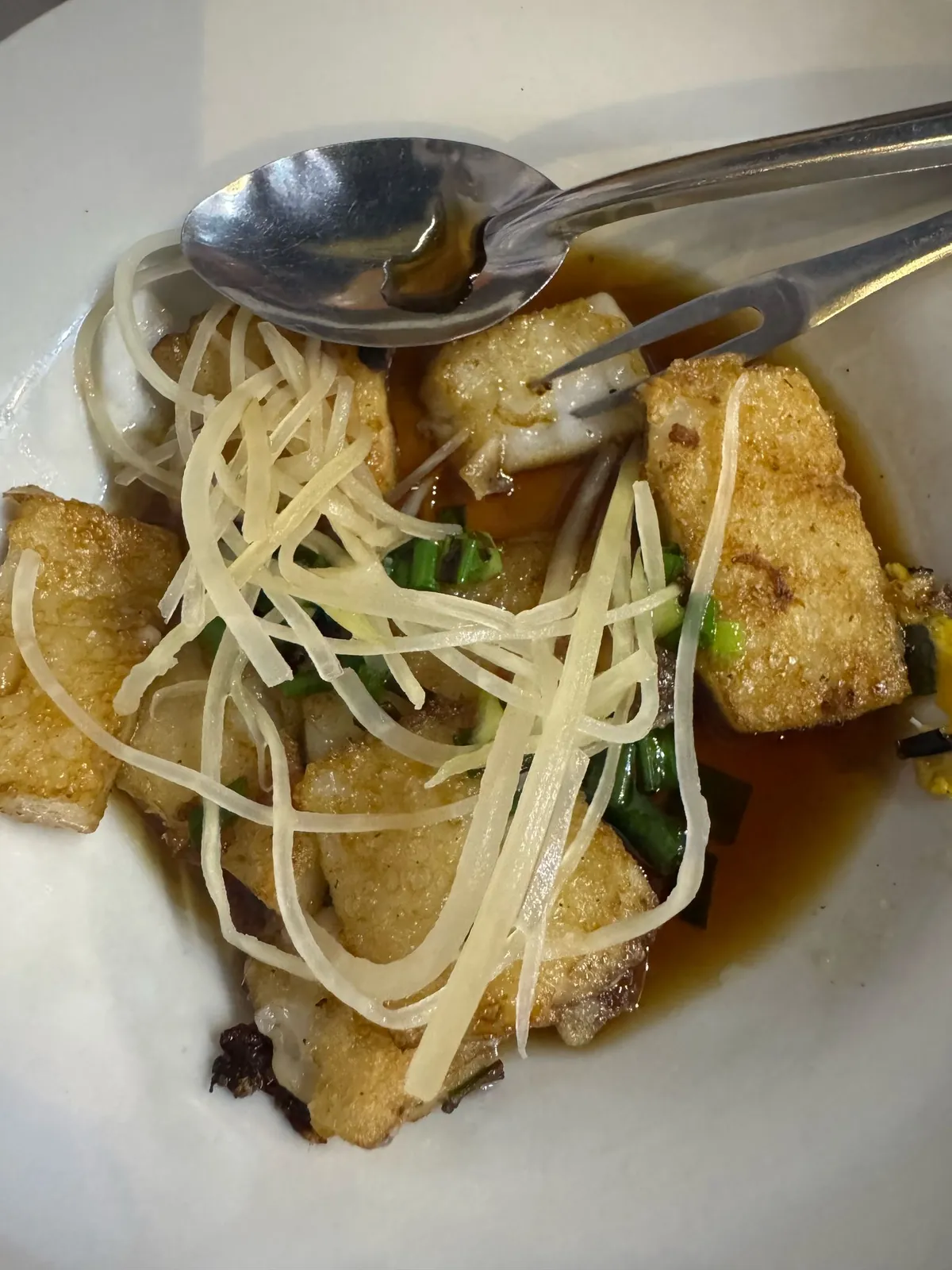 A plate of fried tofu with fish sauce and shredded scallion